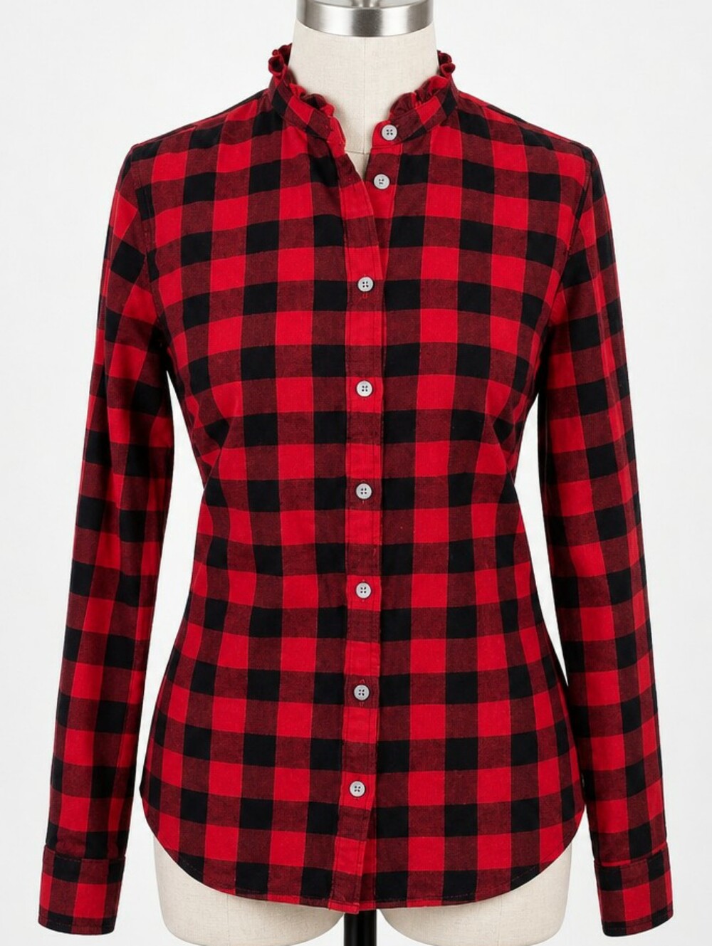 J. CREW FACTORY Buffalo Plaid Ruffle Collar Flannel Shirt Red Black Silver S - Picture 1 of 16